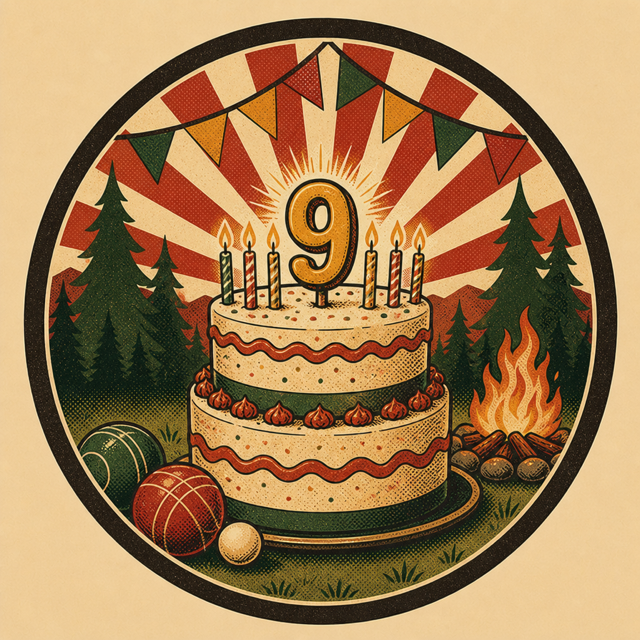 Screen-print birthday badge — cake with a number 9, bunting and bocce balls