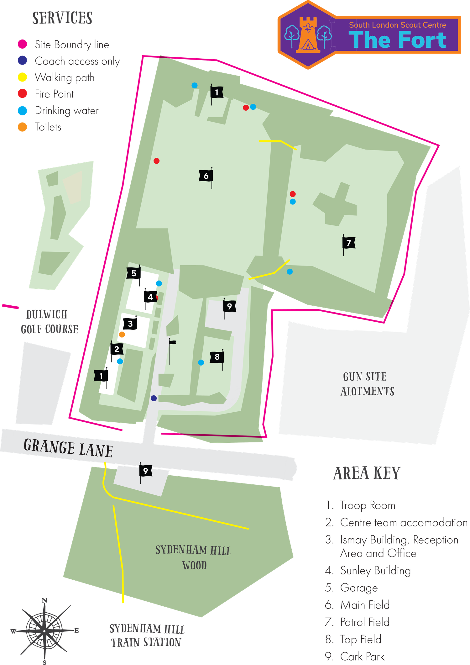 South London Scout Centre (The Fort) official site map showing the three camping fields, buildings, car park, fire points, water taps and toilets